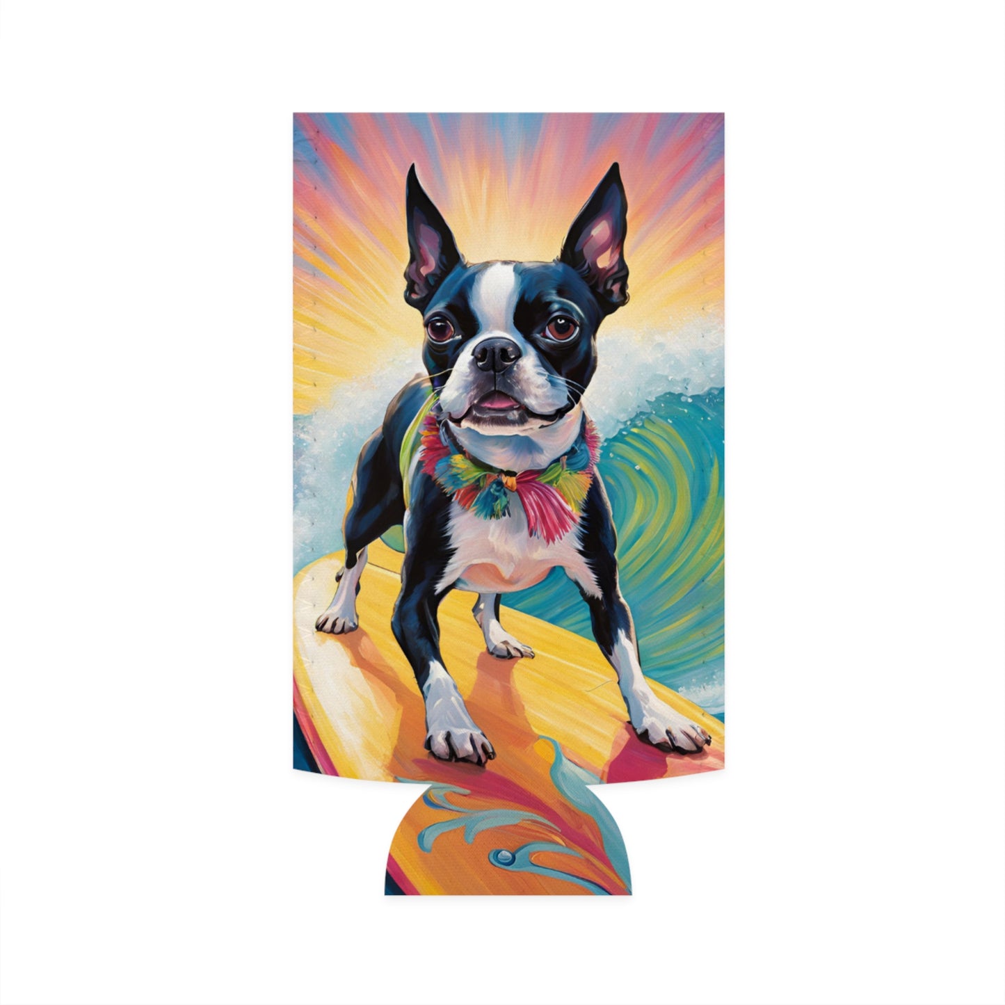 Hang Ten & Chill – Surf Boston Terrier Slim Can Cooler - Dudley’s Doggie Den