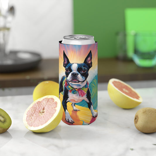 Hang Ten & Chill – Surf Boston Terrier Slim Can Cooler